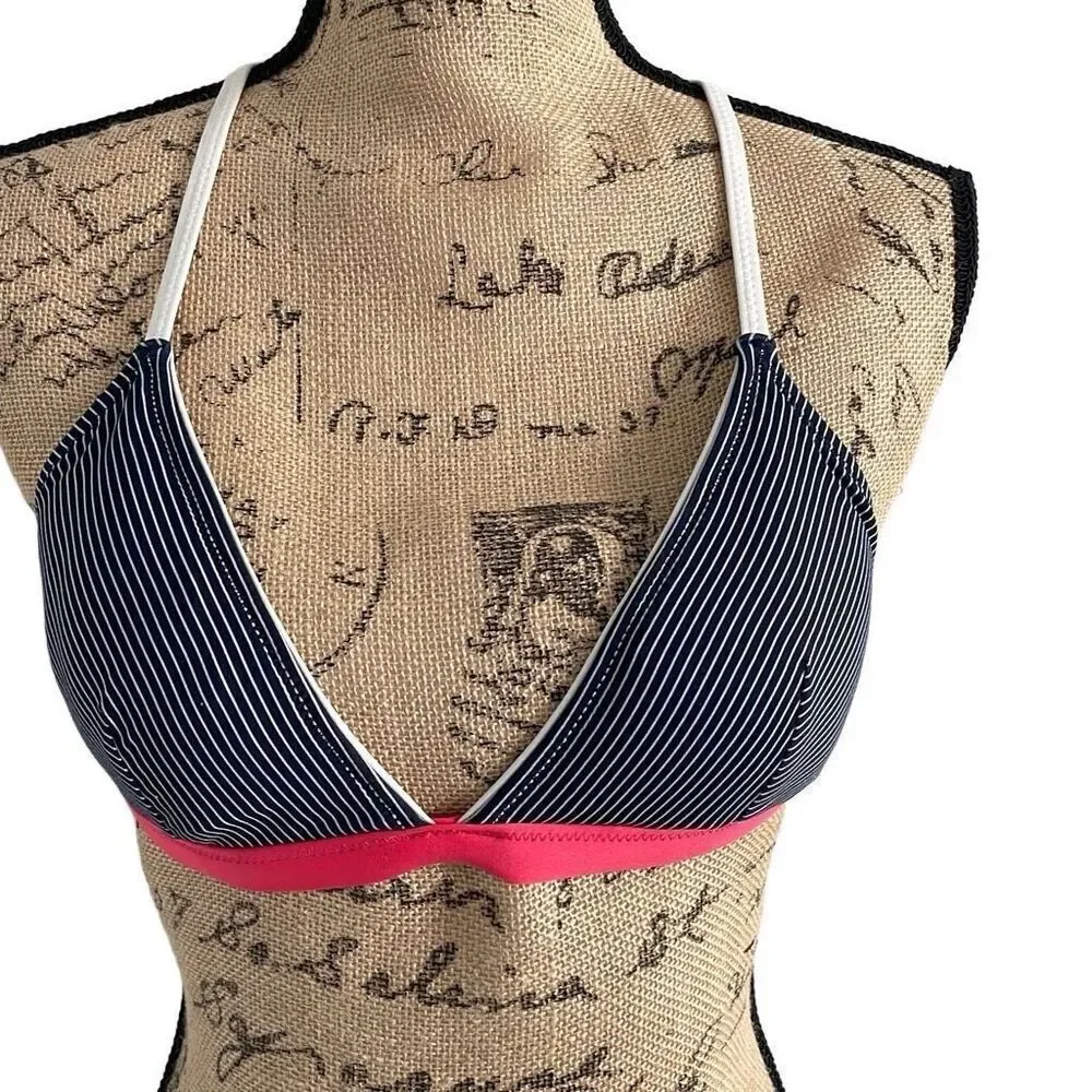 EUC Athleta Navy Blue White Pink Trim Triangle Bikini Top - Small